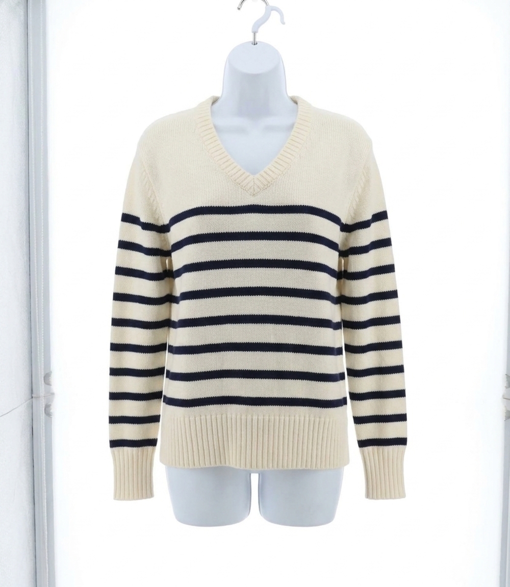 NEW KAREN KANE stripe v-neck sweater in off white with navy